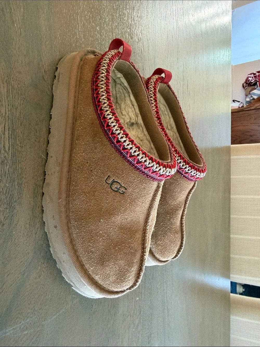 UGG Kids Chestnut Suede Slippers with Red Trim